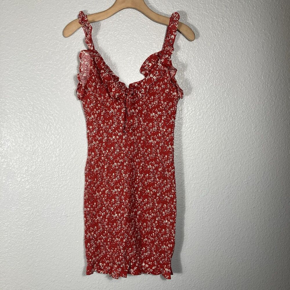 Y2K Smocked Mini Sun Dress XS Ruffle Strap Bodycon Red Cottage Boho Country - Picture 2 of 12